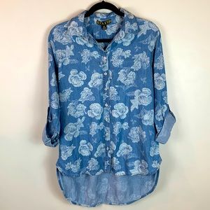 Taxi Floral Print Button Front Chambray Shirt